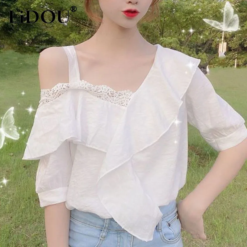 2023 Summer New Women's Clothing Solid Color Oblique Shoulder Hollow Out Ruffles Cotta Tops Women Loose Fashion Chiffon T-shirt