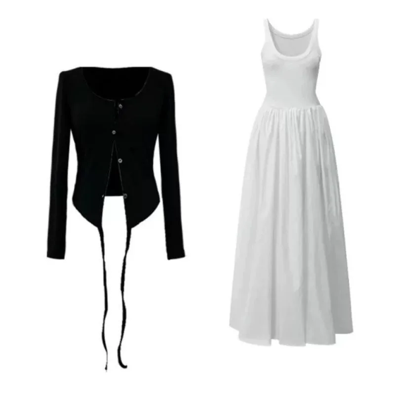 Women's Autumn French Chic Long Sleeve Knit Cardigan And Sleeveless Maxi Dress 2-Piece Set Stylish Outfit Camisole Dress White image 5