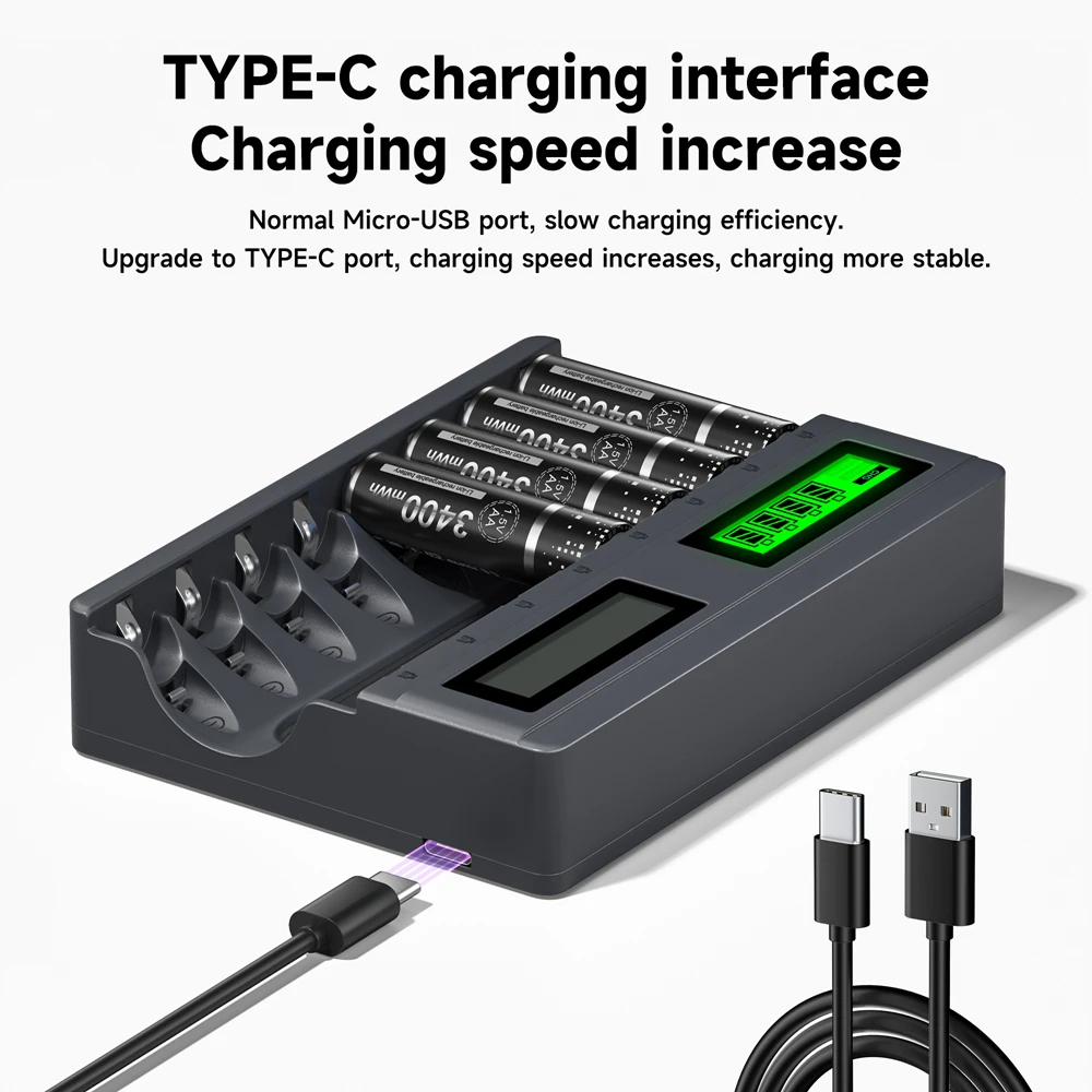 New 1.5V AA AAA Lithium Battery Charger 4/8 Slots LCD Fast Charger with Charging Cable for Rechargeable Li-ion AA AAA Batteries
