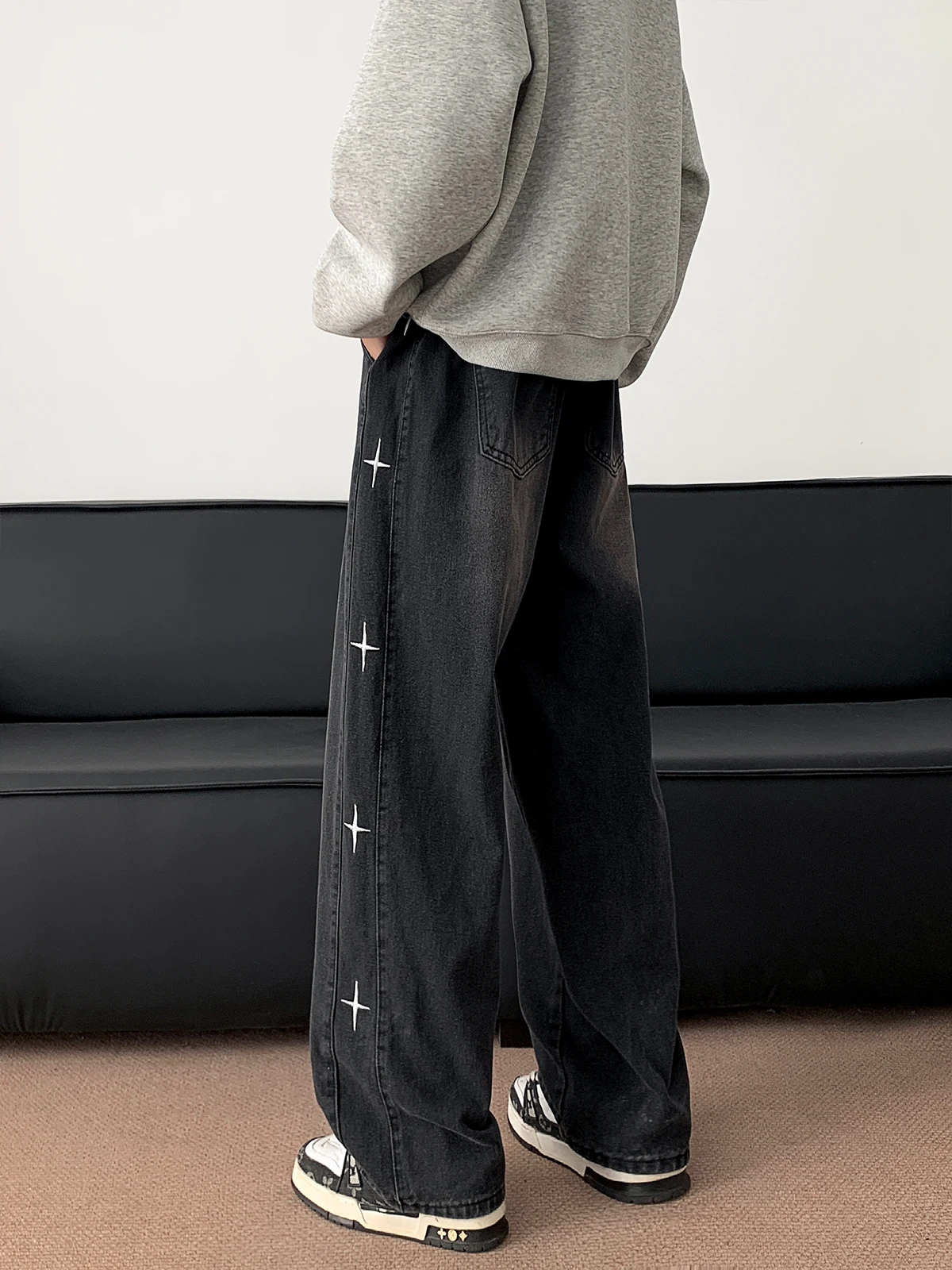 Plones vaqueros hoados de estilo japonés Retro para hombre, plones largos de pierna ancha con cordón versátiles inf...