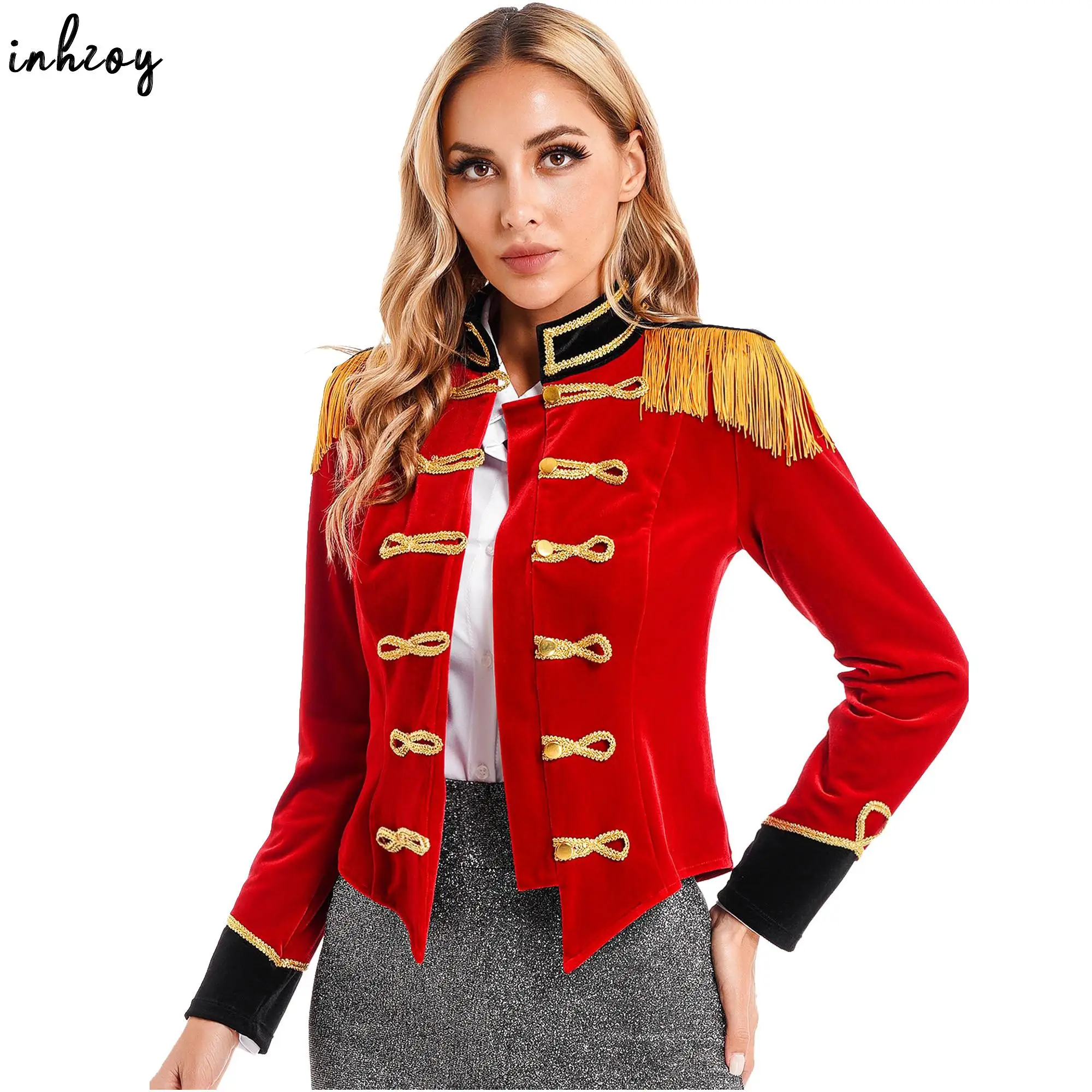 Veste LYus Ringmaster pour femme, manteau à manches longues, tailleur victorien en velours pompon, olympiques de cosplay Tamer, fête d'Halloween, discuter