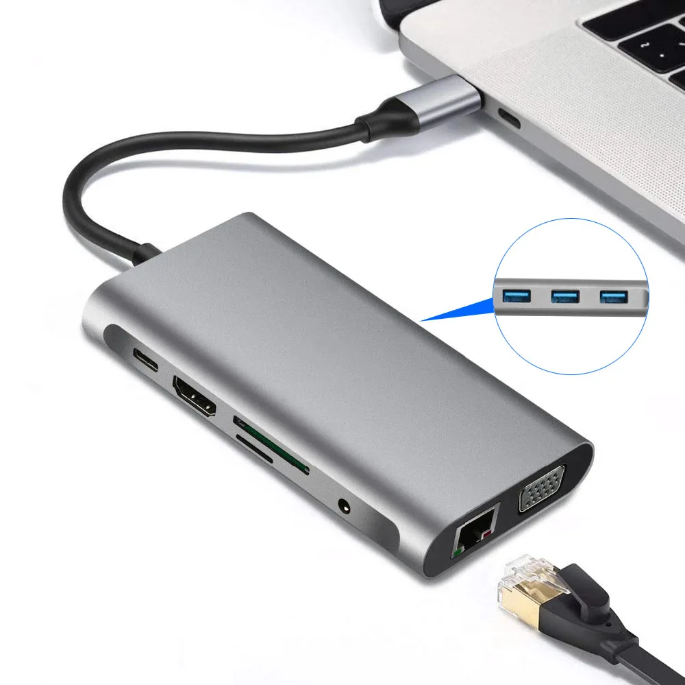 10 In 1 Docking Dock Type-c To HDMI Gigabit Ethernet Port VGA PD Card Reader  Station USB Hub