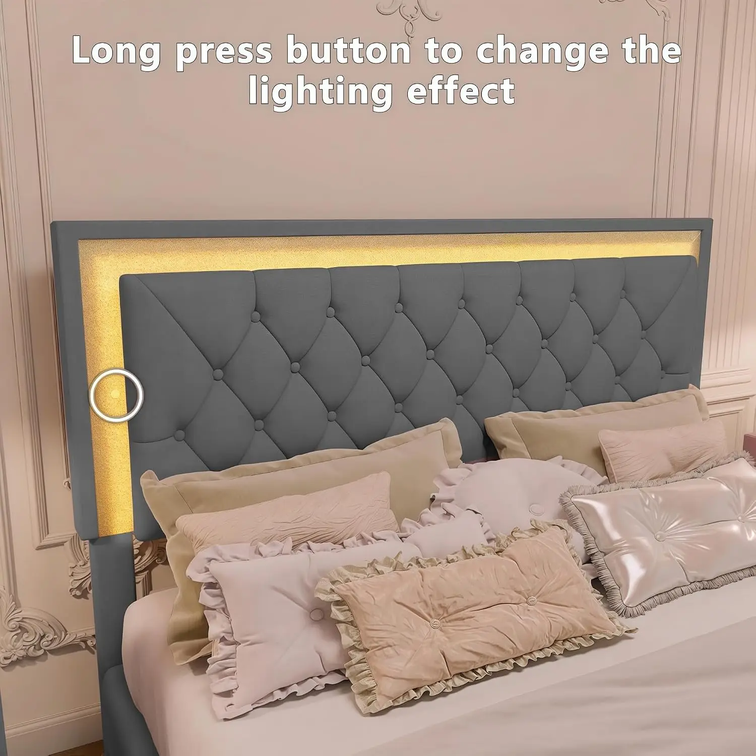 Queen Size Upholstered Platform Bed with LED Lights & 2 Nightstands, Gray, Customized - view 4