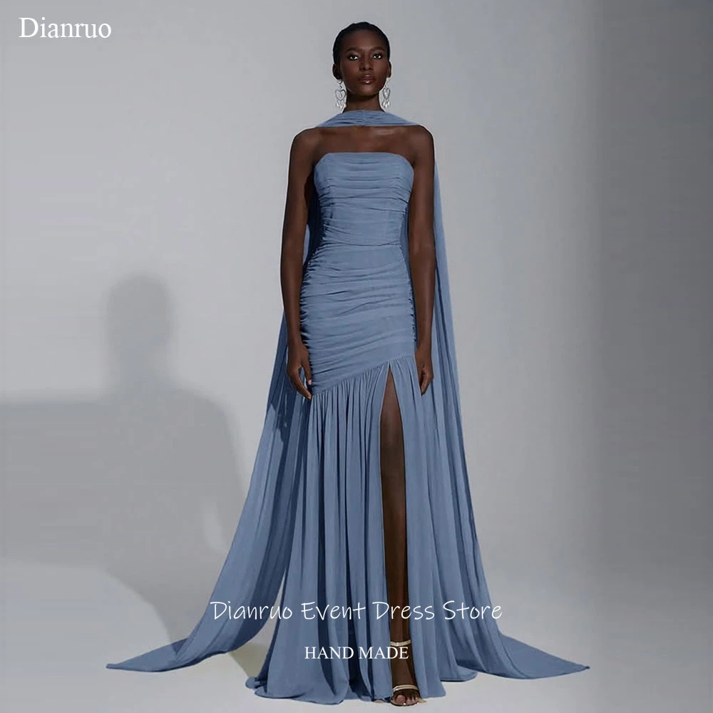 

Dianruo Strapless Ribbons Evening Dresses High Slit Ruched Chiffon Flowy Prom Gowns A Line Mermaid Vestidos De Fiesta Customized