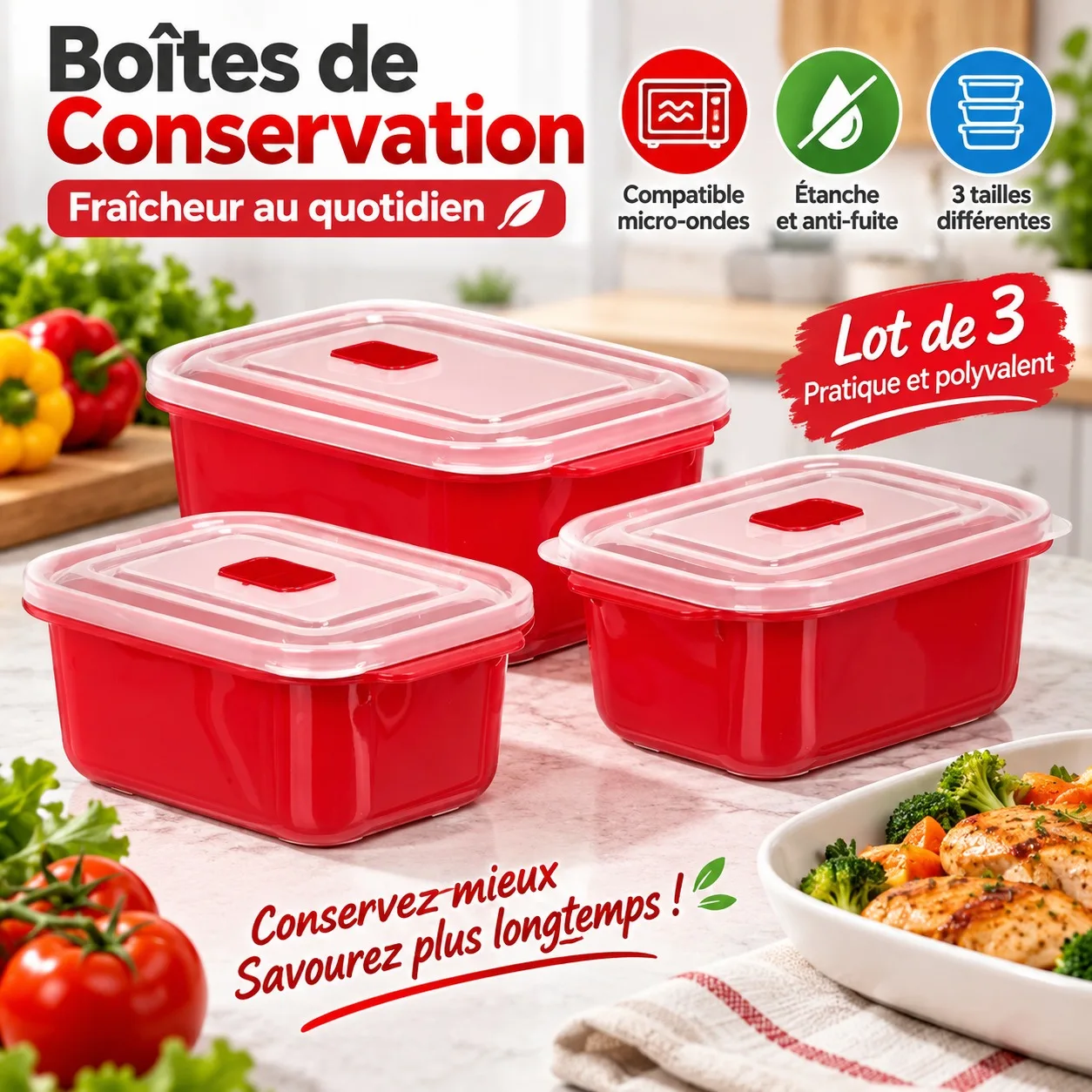 Juego de 3 recipientes de plástico rojo para guardar alimentos, aptos para microondas, con tapa hermética y válvula para transportar el almuerzo y los restos de comida. Capacidad de 1 litro y 2 litros.