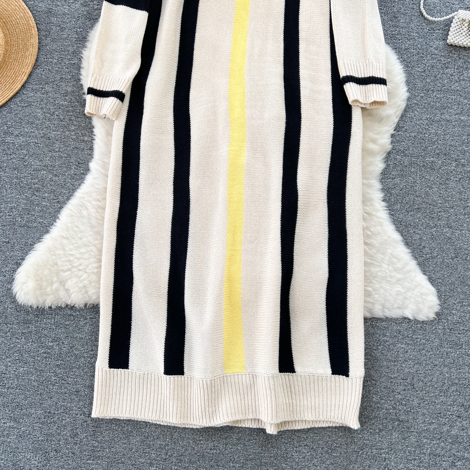 Autumn Winter Sweater Dress Women Loose Casual Woolen Striped Contrasting Long Dress O Neck Long Sleeve Knitted Sweater Dress