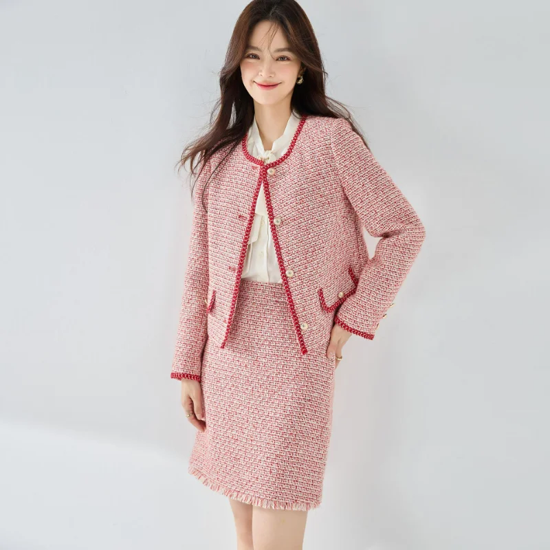 Autumn French Pink Wool Tweeds Skirts Suit Female Age-Reducing Jackets Tassel Mini Skort Sets Retro Round Neck Hip-covering New