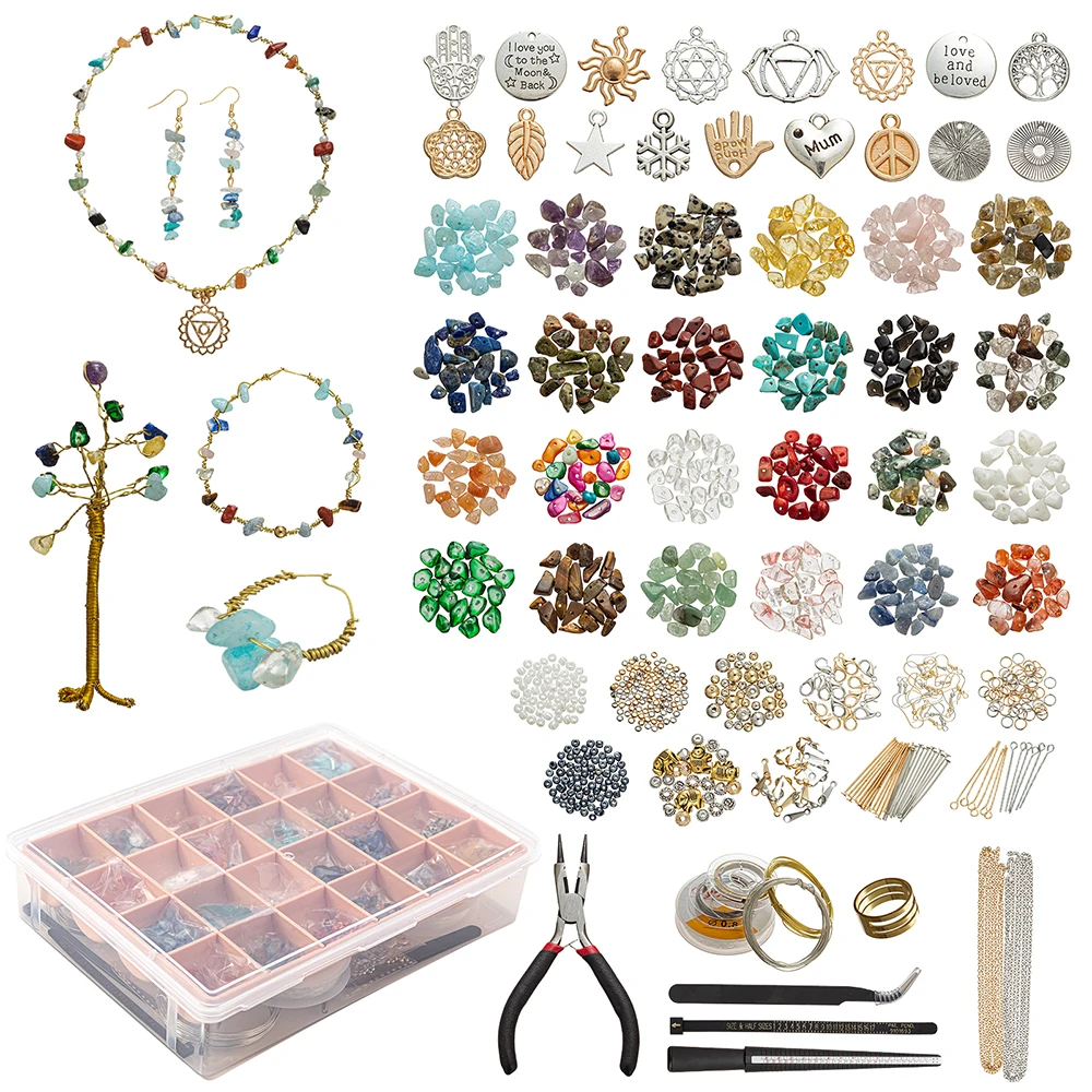 DIY Handmade Gemstone Anel Fazendo Kit para Mulheres, Colar de miçangas e Pulseira, Tree Design, 24 cores