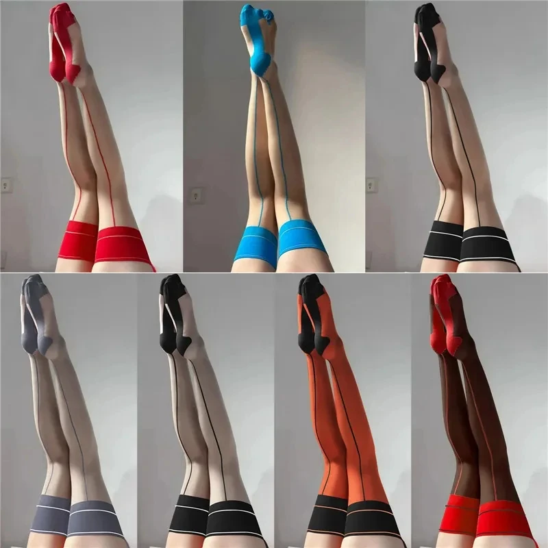 Sexy Overknee Socks Women Contrast Color Rib Cut Edge Thigh Stockings Retro Cuban Heel Back Seam Medias 10D Thin Transparent