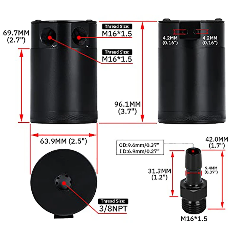 Tanque de captura de óleo universal, 300ml, compacto, desconectado, 2 portas, reservatório de alumínio, tanque de combustível, chaleira respirável de dois furos