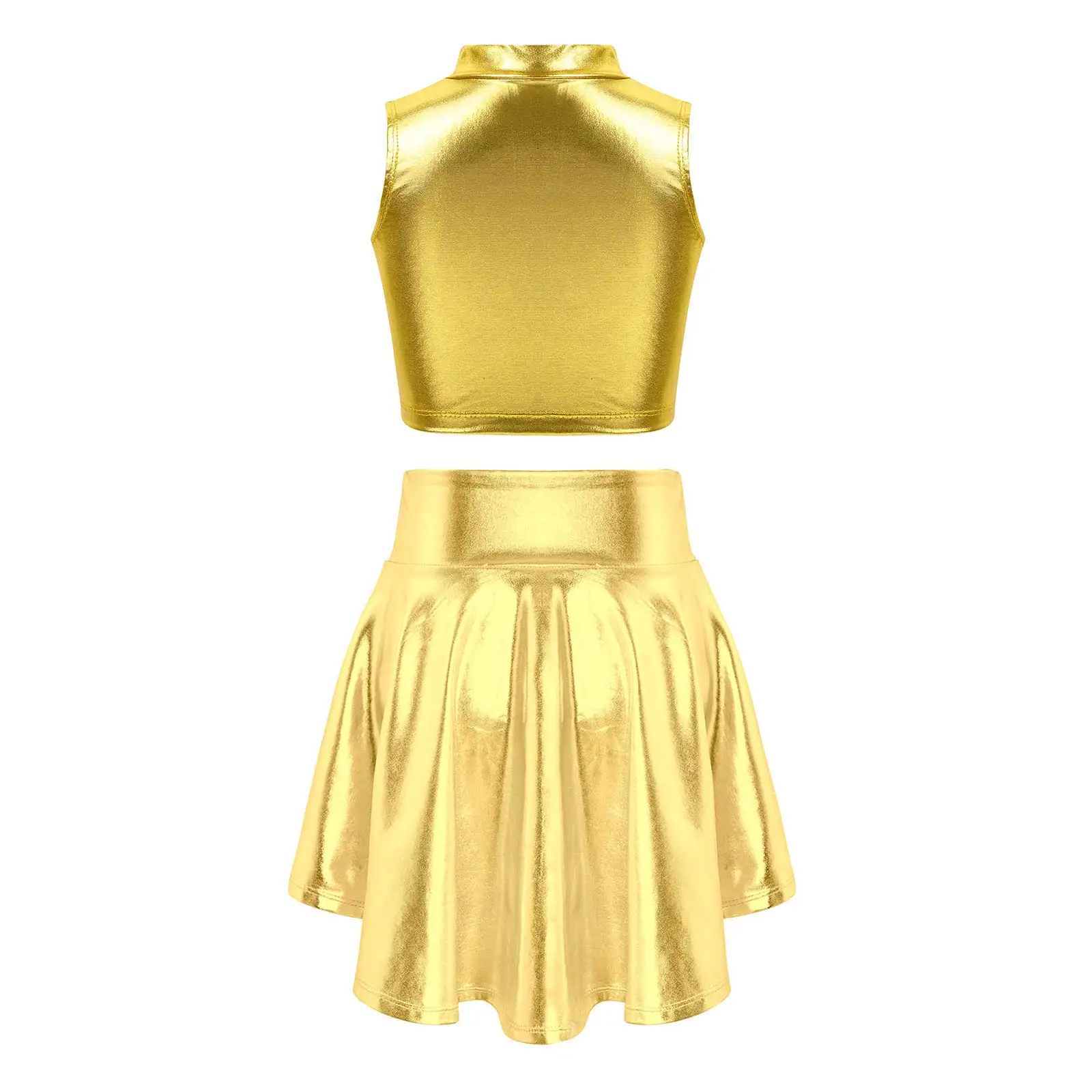 Kids Girls Metallic Sleeveless Turtleneck Crop Top with Irregular Hem Skirt for Dance Stage Performance