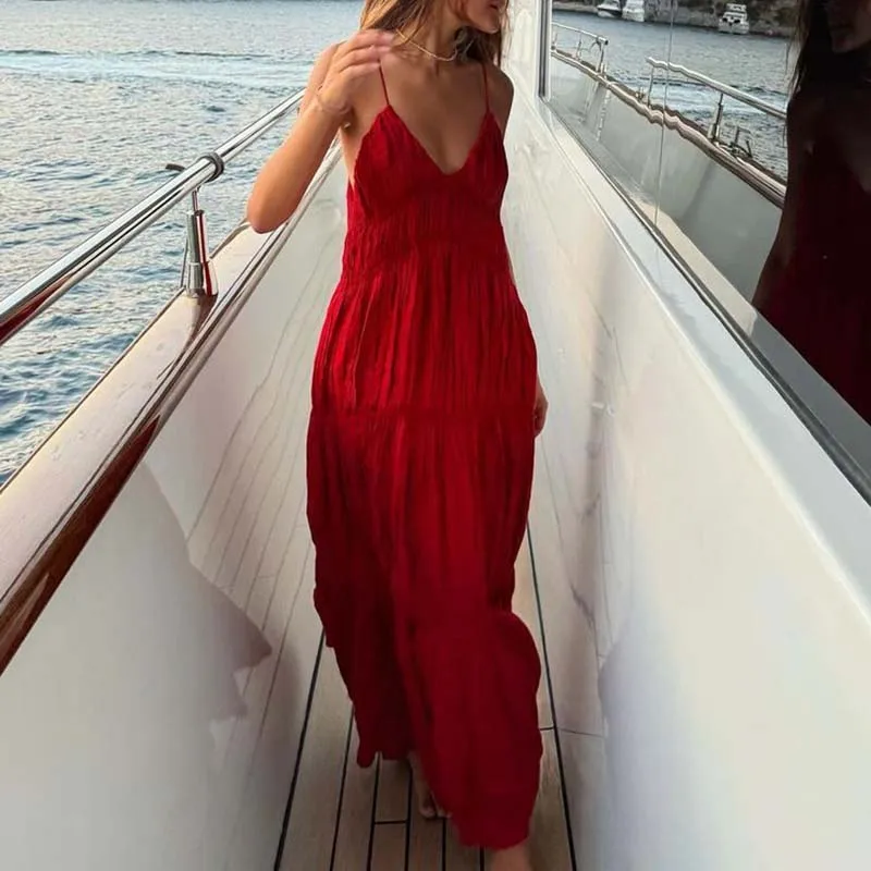 Moda baixo corte com decote em v praia vestido longo verão oco sem costas cor sólida vestido de festa casual suspender plissado vestidos femininos