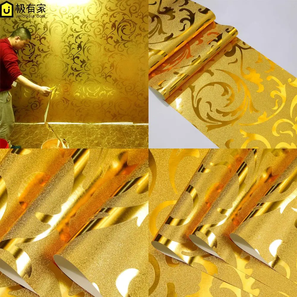 

Gold Foil Wallpaper Golden Silver European Acanthus Leaf KTV Ceiling Living Room Bedroom TV Background Wall Paper