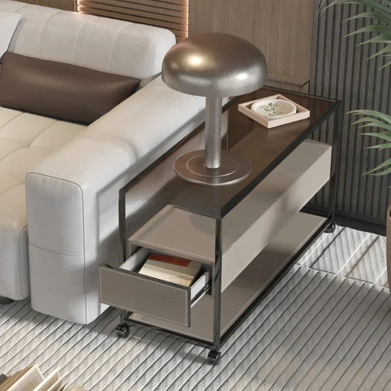 Small Mobile Light Luxury Glass Corner Less Modern Minimalist Living Room Side Saddle Leather