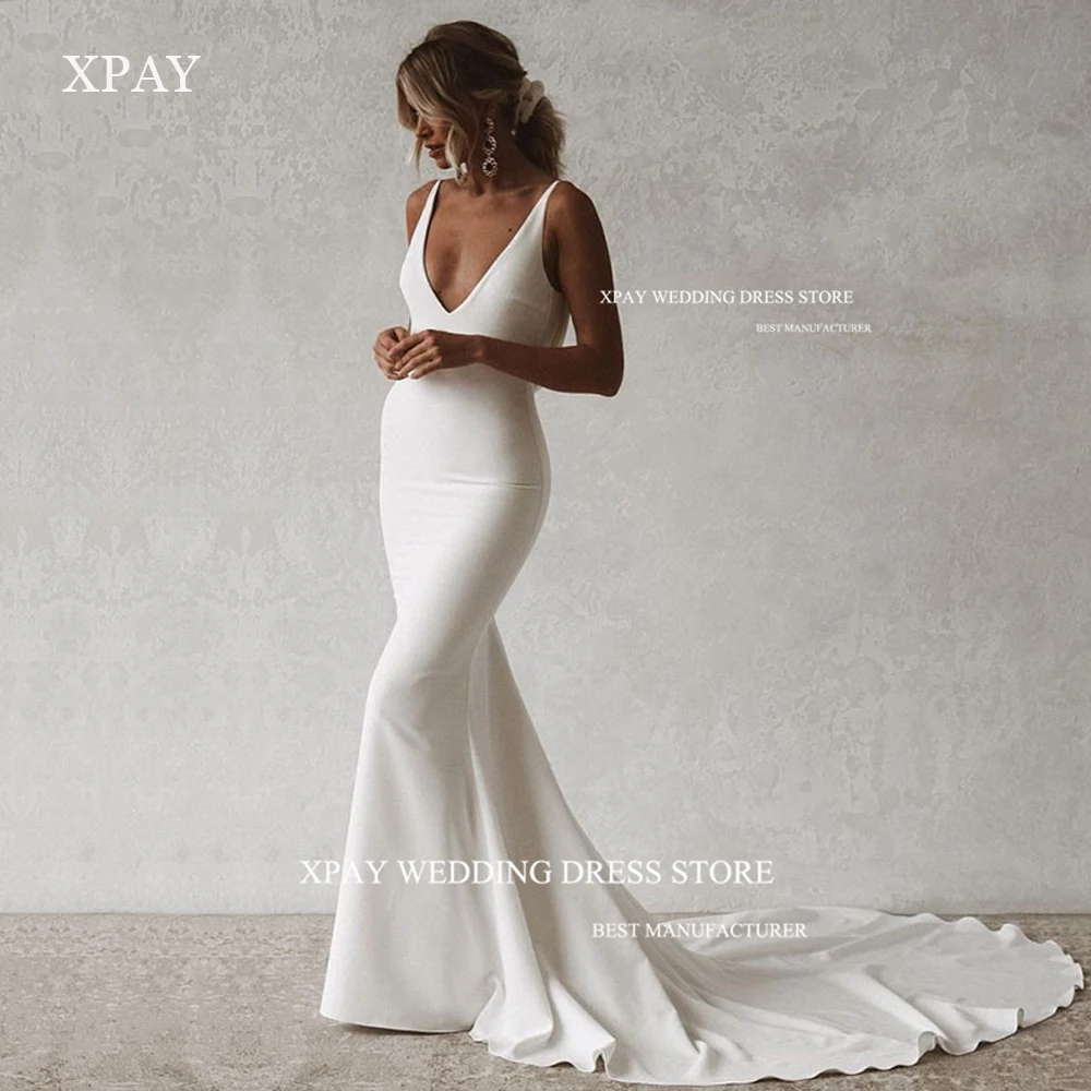 XPAY-Simples Stretch cetim sereia vestidos de casamento para mulheres, Boho V-Neck, costas abertas, botões lisos volta, vestidos de noiva