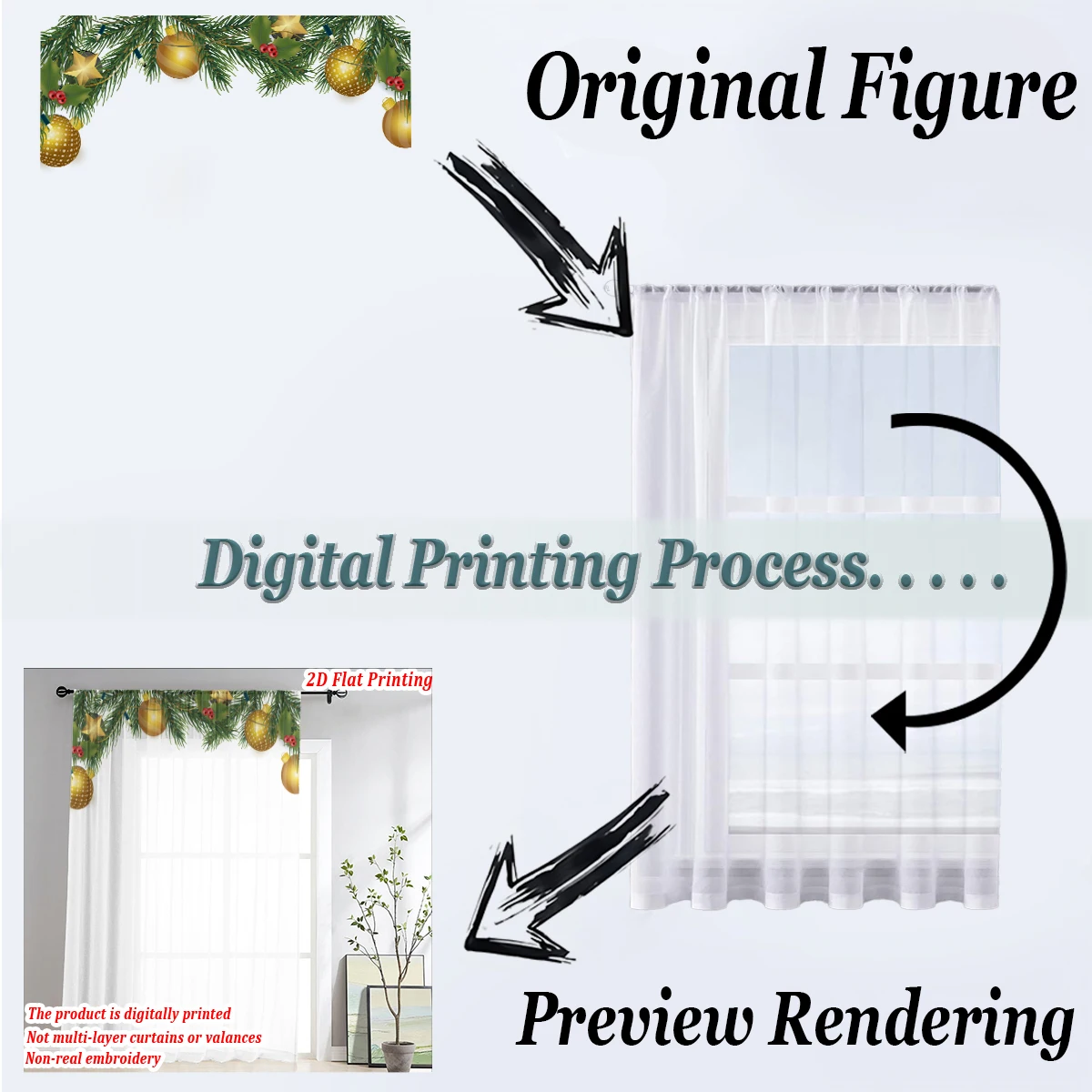 Cortina transparente con estampado plano de Navidad con bola navideña, ramas de pino de visco para decoración de sala de estar y dormitorio, fiesta navideña