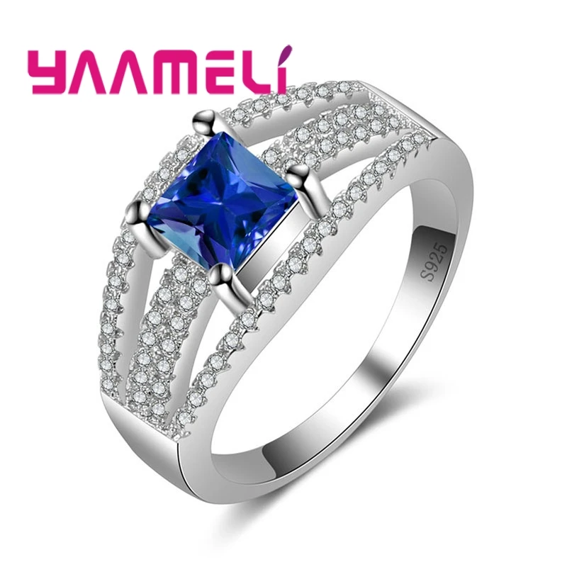 Good Quality Three Lines Design Real 925 Stamped Silver Color Sparkling Square Crystals Jewelry For Women Wedding Finger Rings