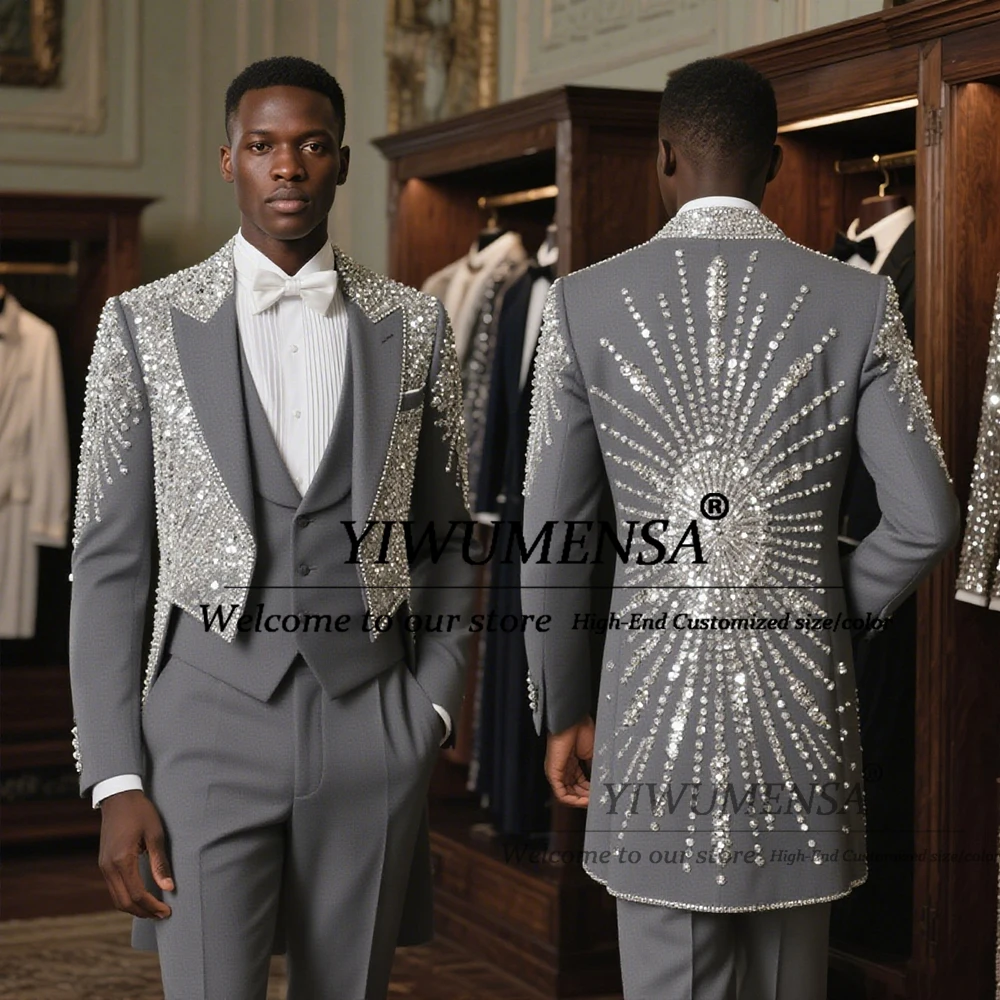 Fashion Twinkling Sequins Lapel Suits Crystals Beaded Prom Blazers Outfits 3 Pieces Groom Tuxedso costumes hommes pour mariage