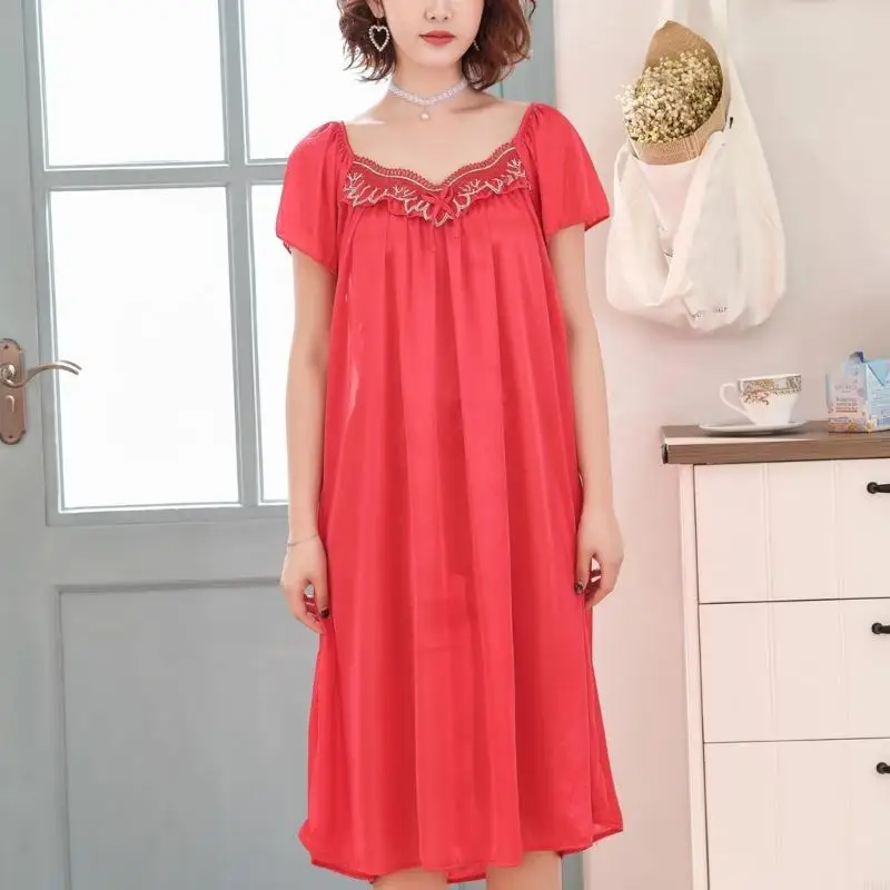 

HX6F Women Ice Silk Nightgowns Summer Short Sleeve Sleepwear Sweet Ruffled Sleep Dress Loose Sleepshirt