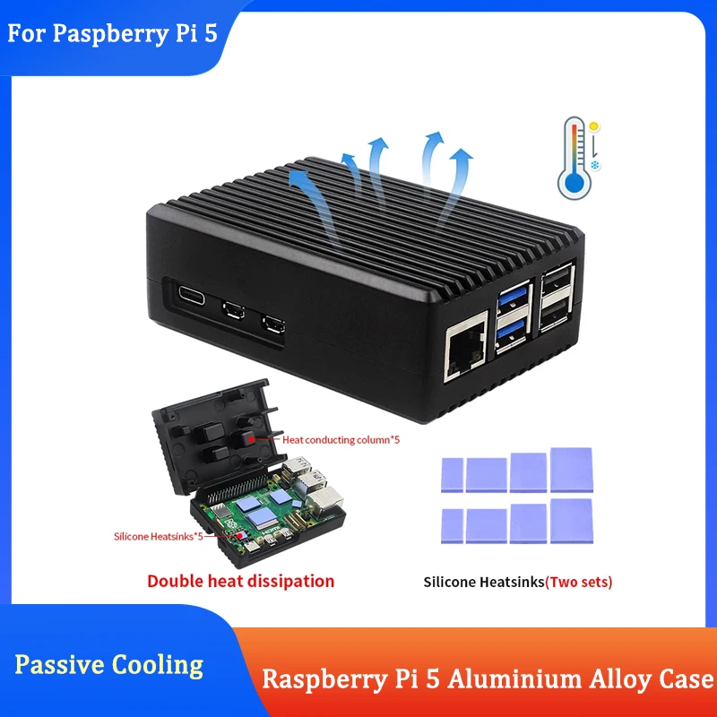 Raspberry Pi 5 Aluminium Alloy Case Metal Shell with Silicone Heatsinks Passive Cooling Enclosure for Raspberry Pi 5