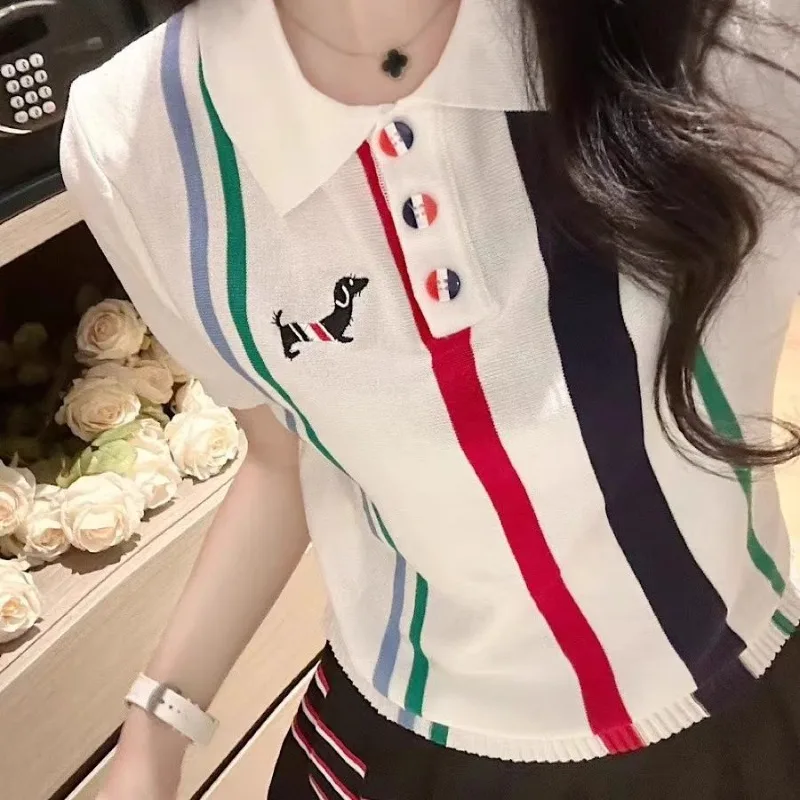 

Летняя мода, классический стиль, вязаная футболка с вышивкой щенка, женские полосатые эластичные тонкие пуловеры с короткими рукавами