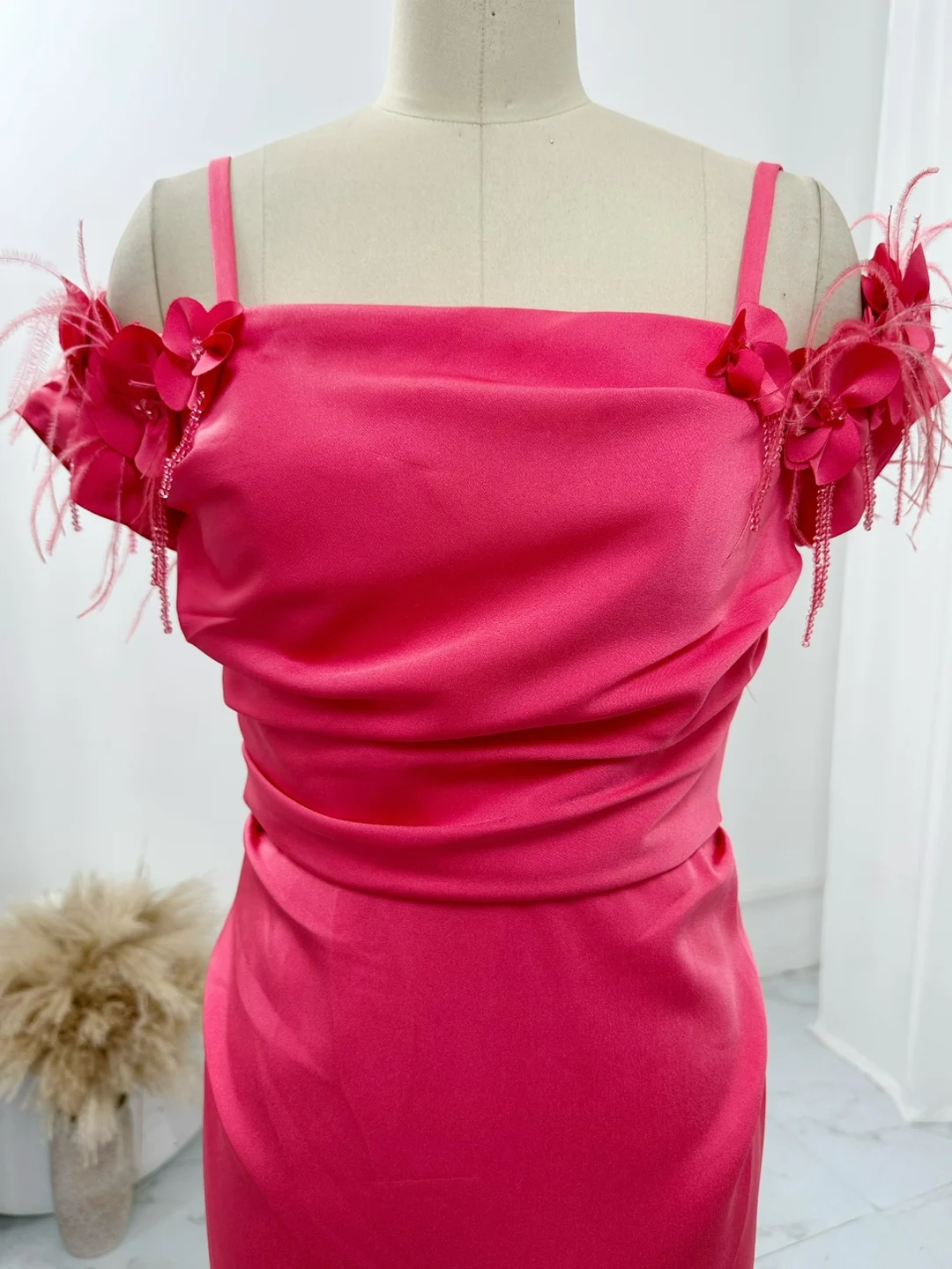 Rose Red Shoulder Tube Top Flower Satin Texture Evening Dress Skirt M1274