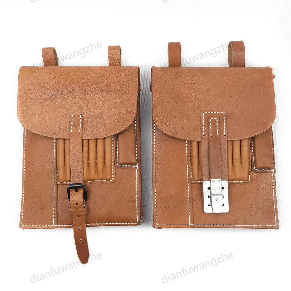 Vintage Replica WW2 German M35 Brown Map Bag Full Grain Leather Granular Texture Waist Utility Tool Pouch for Collection