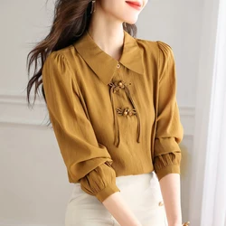 Women's Clothing Vintage Stylish Chinese Style Button Up Shirt Office Lady Elegant Commuting Blouse Solid Long Sleeve Loose Tops