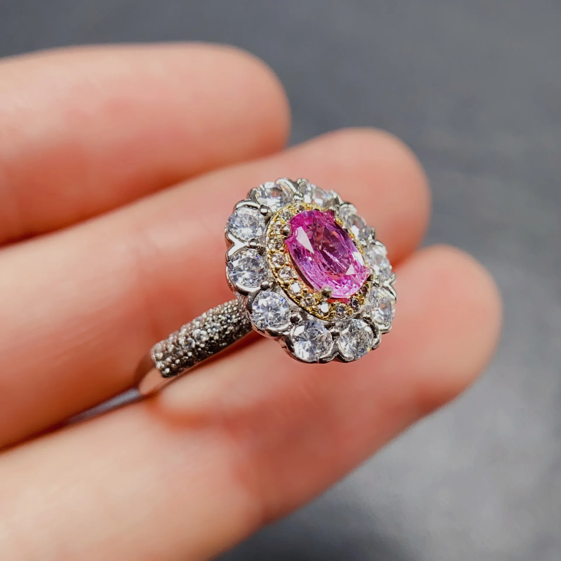 S925 Silver Natural Pink Sapphire Ring, 5*7mm Oval Gem Zircon Halo Adjustable Women Statement Ring