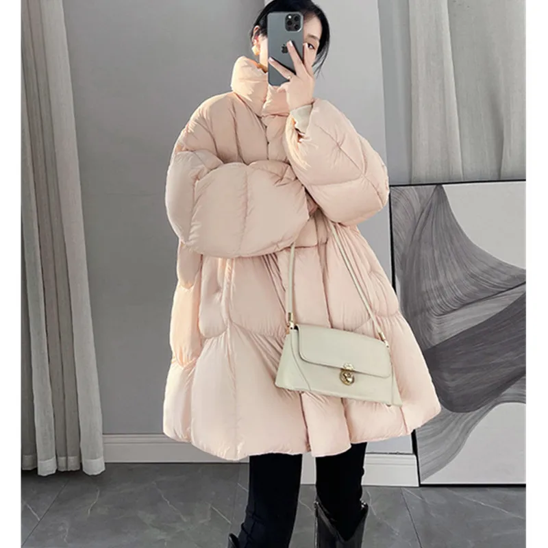 Black Stand collar Loose Mid length 90 White duck down Down Jacket For women 2026 Winter New Thick Warm Down Coat Female Parker