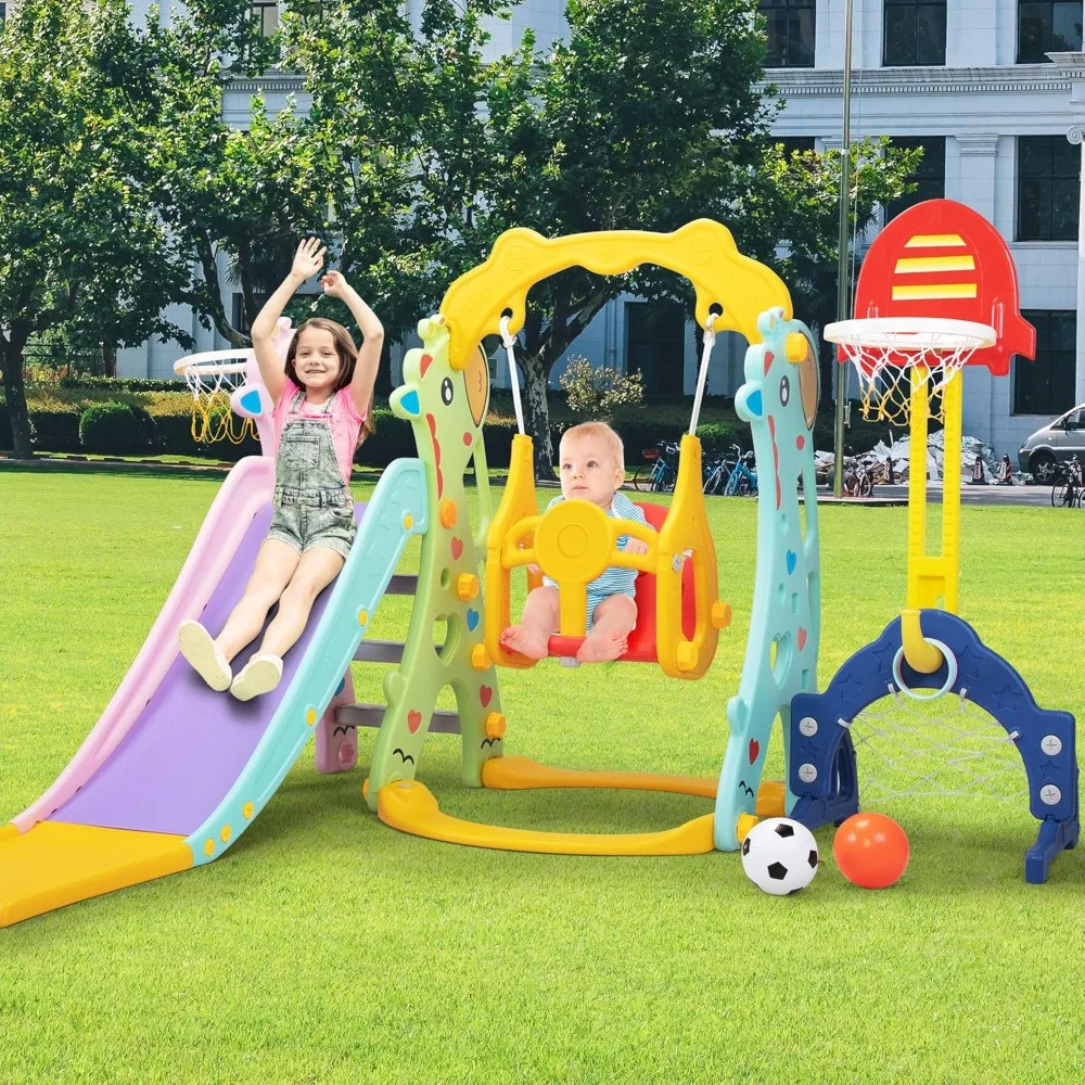 6 in 1 Toddlers Slide and Swing Set, Freestanding Slide Climber Playset Indoor Outdoor with Basketball Hoop and Football Gate