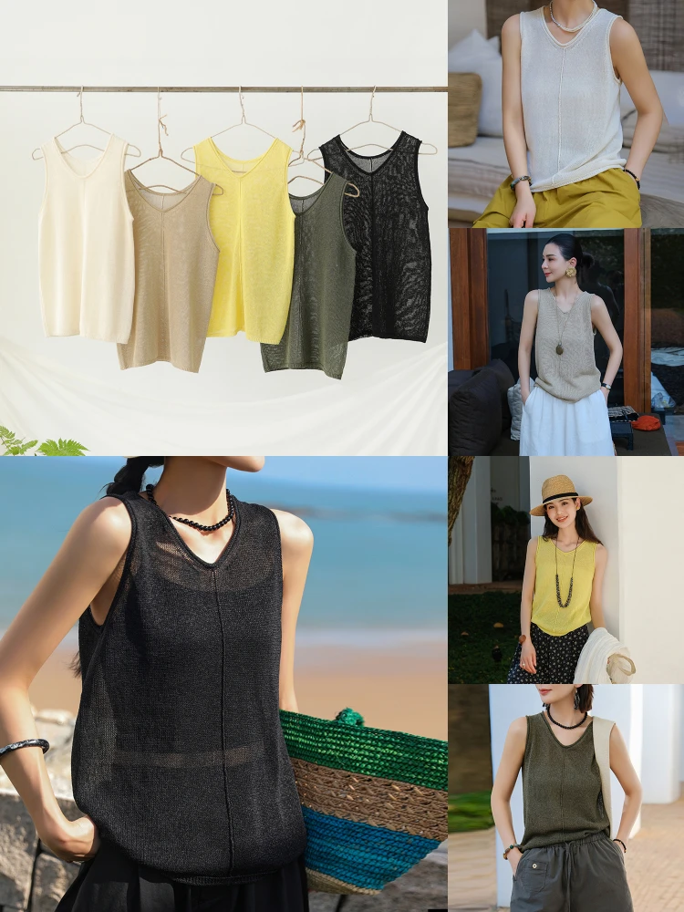 

Летний легкий вязаный жилет Mallin с V-образным вырезом, свободного кроя, из смесового хлопка, с текстурой Paper Rfia, цветной