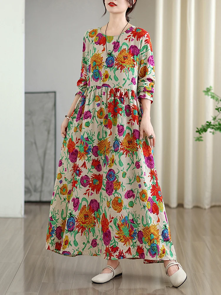 2023 frühling Herbst Neue Langarm Baumwolle Floral Vintage Lange Kleider Für Frauen Casual Lose Elegante Kleid Femme Robe Kleidung