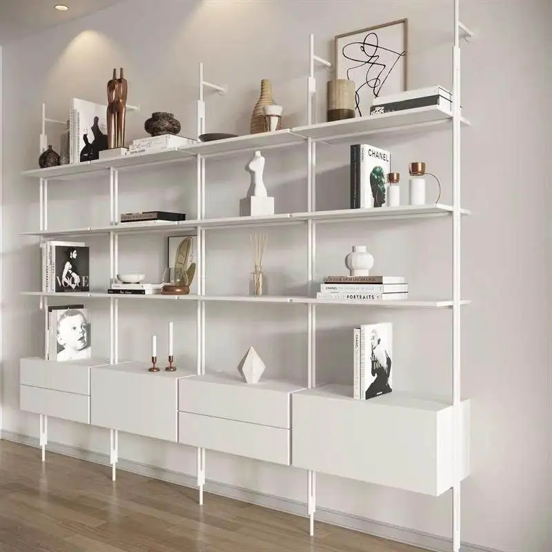Cream wind wall shelf living room floor storage bookcase wrought iron minimalist wall hanging multi-layer solid wood shelf books