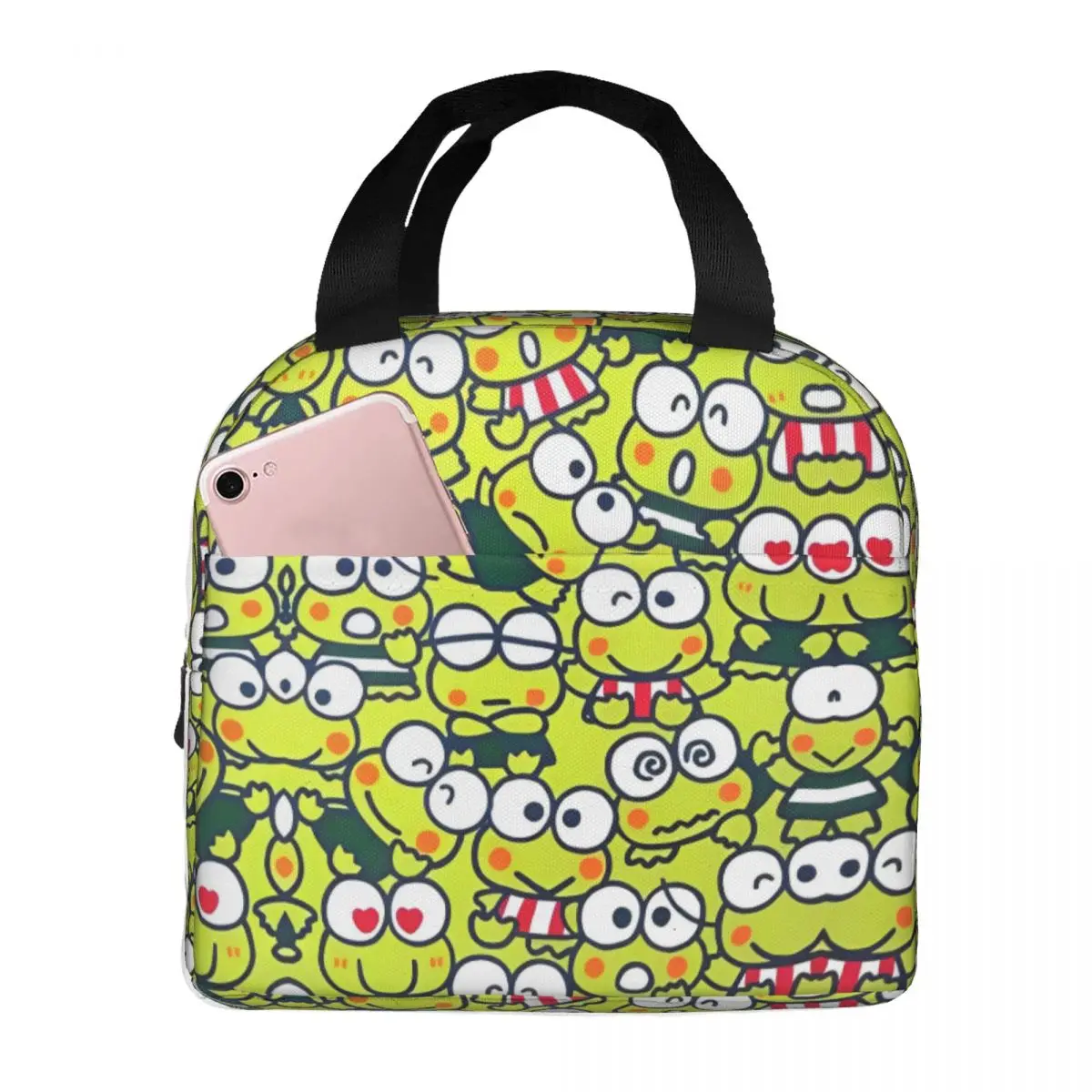 Cartoon Sanrio Keroppi Green Lunch Bag Portable Lunch Box Travel Designer Cooler Bag Kawaii Oxford Thermal Tote Handbags