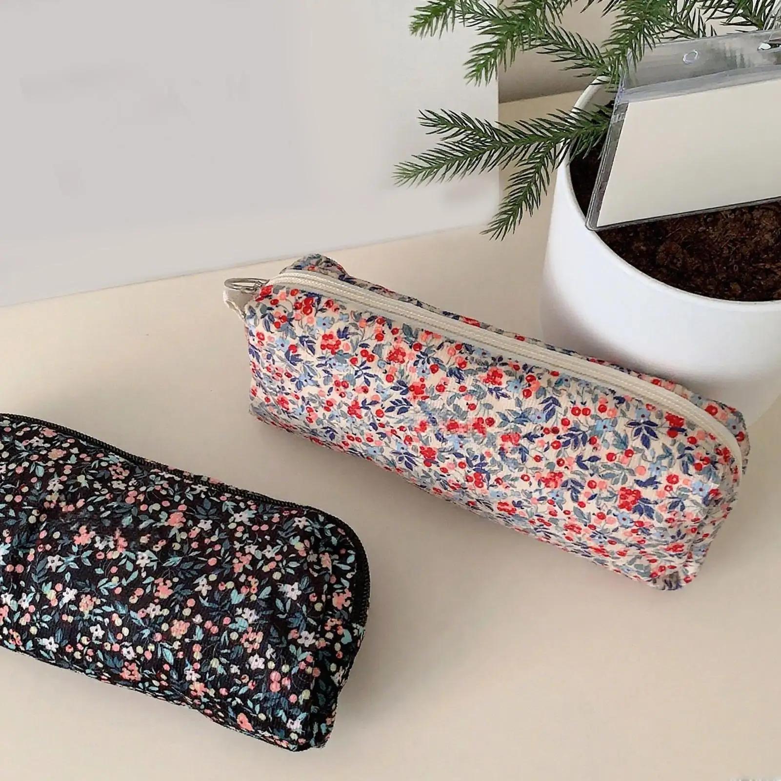 Pencil Pouch Corduroy 2 Pieces Corduroy Makeup Bag 3D Floral Embroidery Holder Organizer Box For Stationery School College
