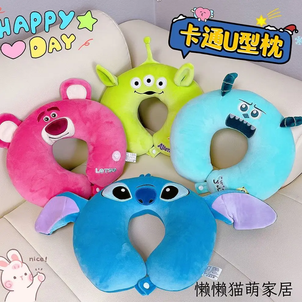 

Disney Lilo and Stitch Strawberry Bear Stitch Three Eyes Cartoon Cute Plush Doll Creative U-shaped Neck Pillow Home Pillow Gift