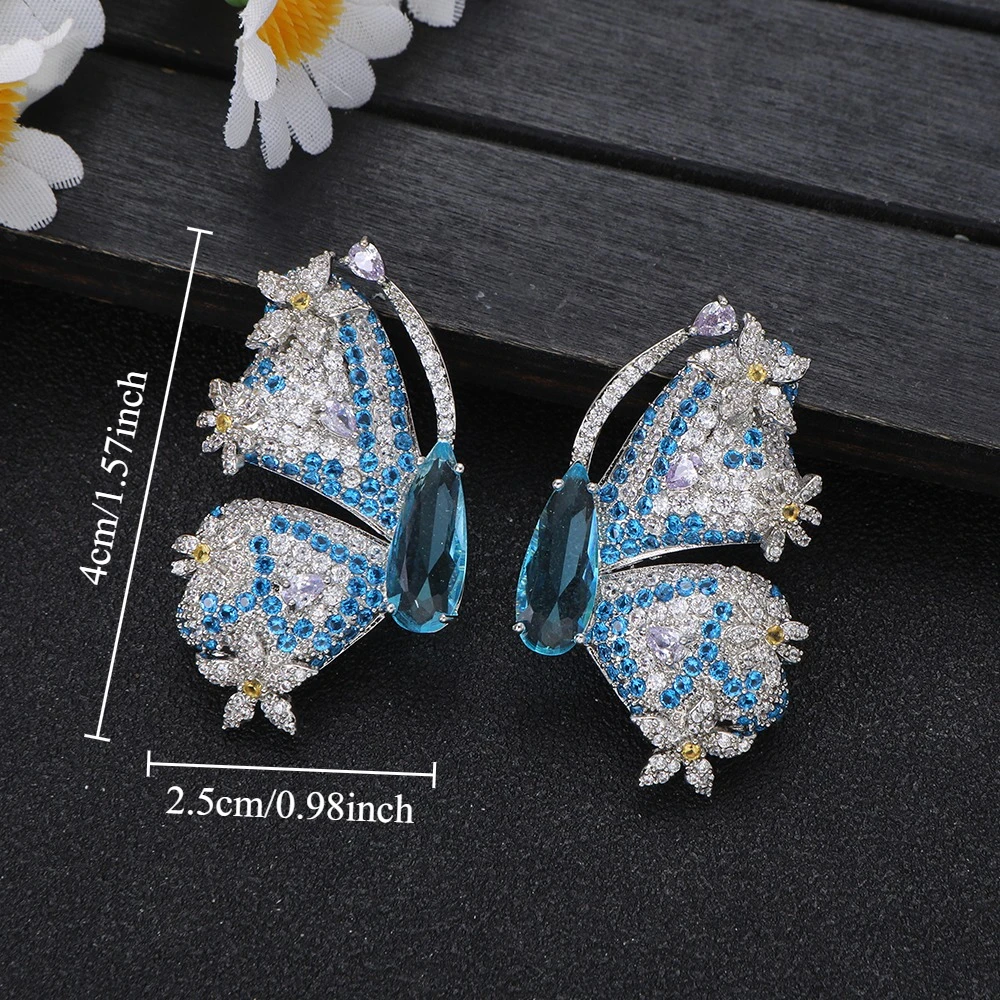 1 Pair Silver Blue Crystal Butterfly Drop Earrings for Elegant Gala Fashion Women's Jewelry Gift for Anniversary