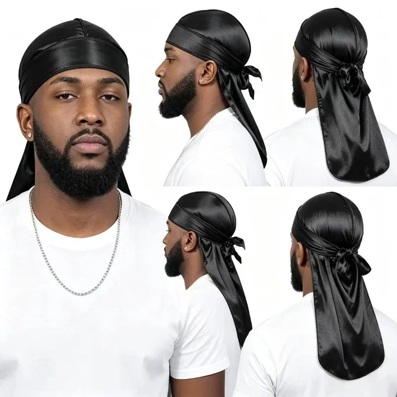 1PCS Silky Long Tail Durag Soft Satin Head Wrap Breathable Turban Cap for Hair Styling And Hair Care Pirate Hat Design