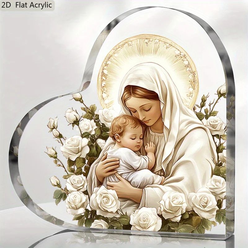 2D， Heart shaped acrylic desktop decoration - designed by Jesus and the Virgin Mary, suitable for home offices, holiday gifts