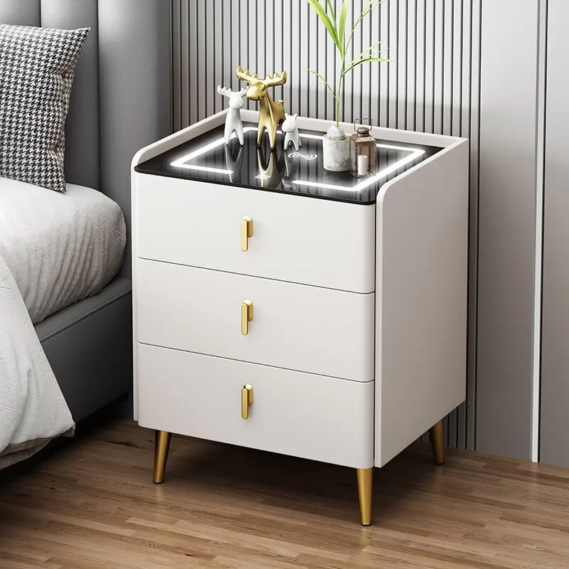 

Modern Style Wooden Intelligent Bedside Table with 3 Drawers Faux Leather Bedroom Nightstand Side Storage Cabinet End Table