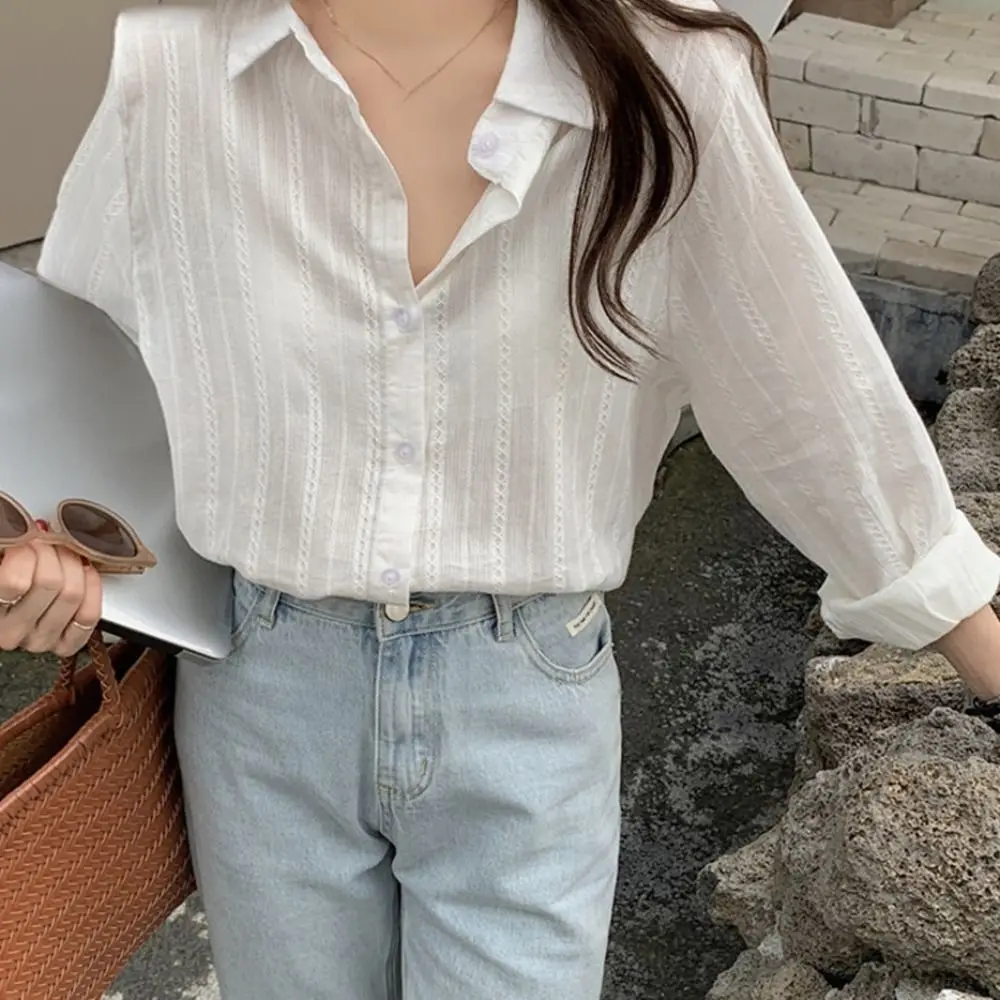 Ins Sweet Strip camisa Top fino Casual blusa de manga larga Primavera Verano otoño protección solar camisa con botones para mujer chica