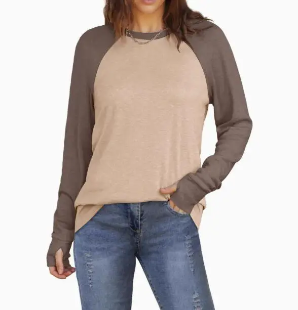 

Spring and Summer Women's New Loose Long Sleeved Color Blocked/solid Color T-Shirt Round Neck Casual Mid Length Base Shirt
