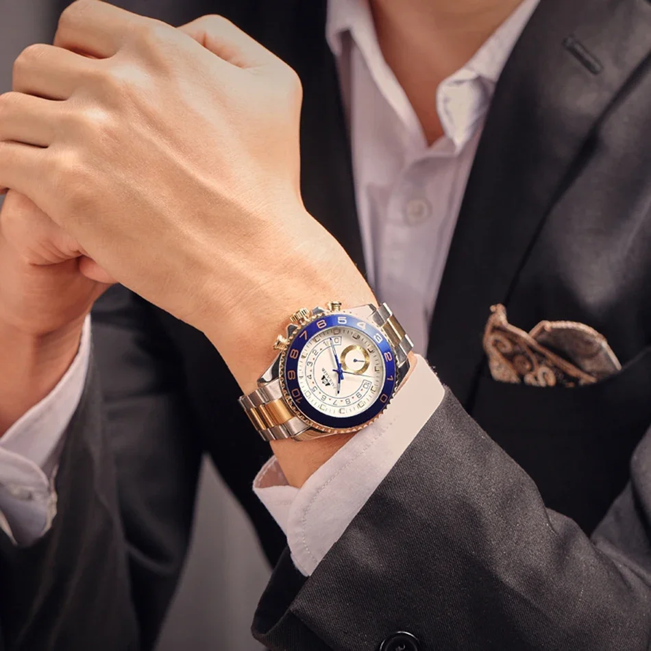 Orologio da uomo di lusso meccanico automatico a carica automatica in acciaio inossidabile casual oro blu Master Fashion