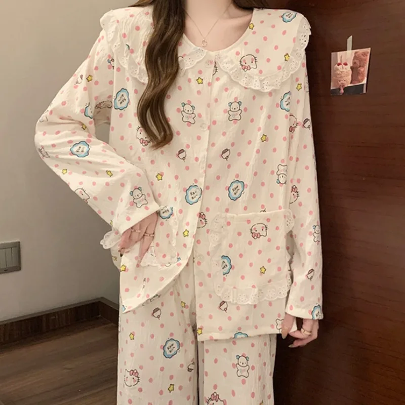 Sanrio pajamas spring and autumn long-sleeved HelloKitty polka dot cute doll collar pajamas female cartoon cute girl loungewear