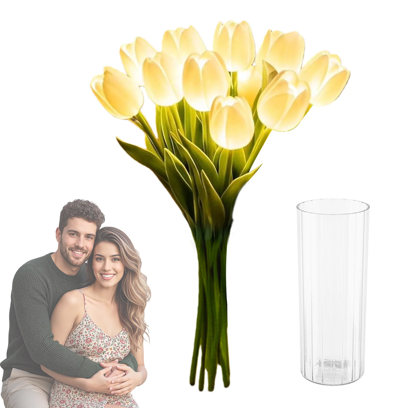 10/15pcs LED Lighted Artificial Flowers Tulip Lamp with Vase Romantic Tulip Light Easter Home Kitchen Wedding Dining Table Decor