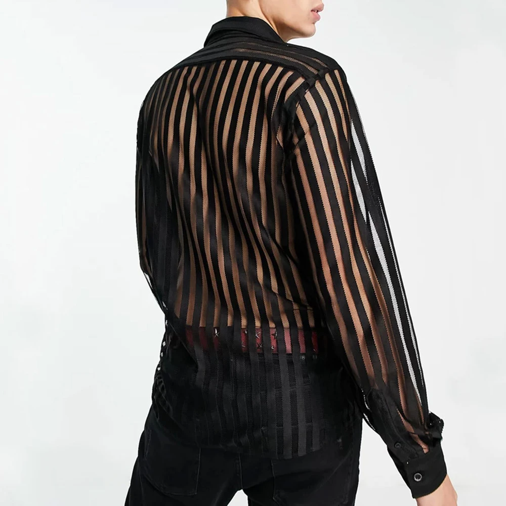 Mens See-Through Sexy Shirt Genderless Nightclub Print Loose Casual Striped Mesh Fashion Trendy Long-Sleeved Shirt Unisex