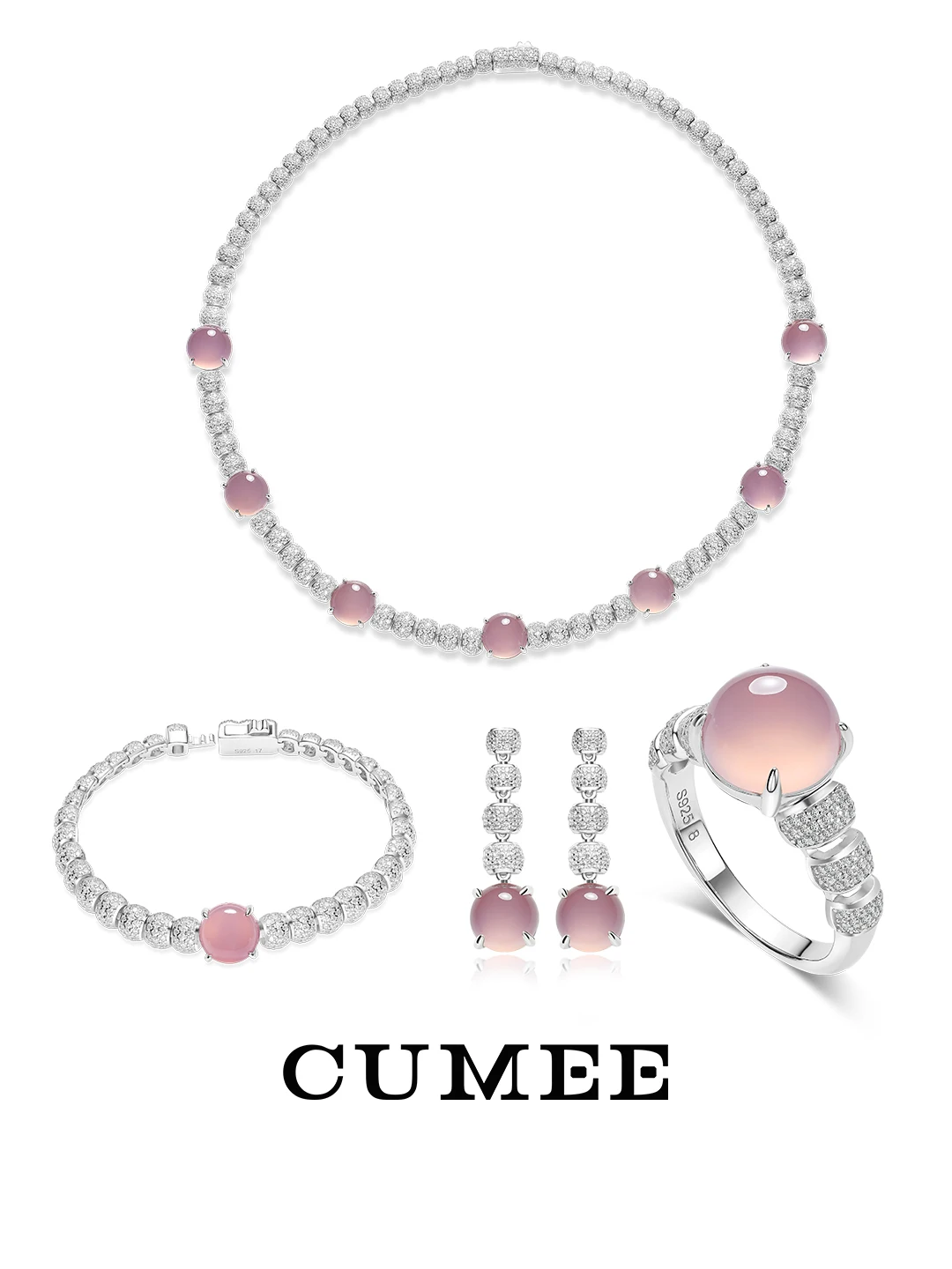 

CUMEE Fashion Round Pink Chalcedony Earring Necklace Ring set for Women 925 Sterling Silver Gold Plating