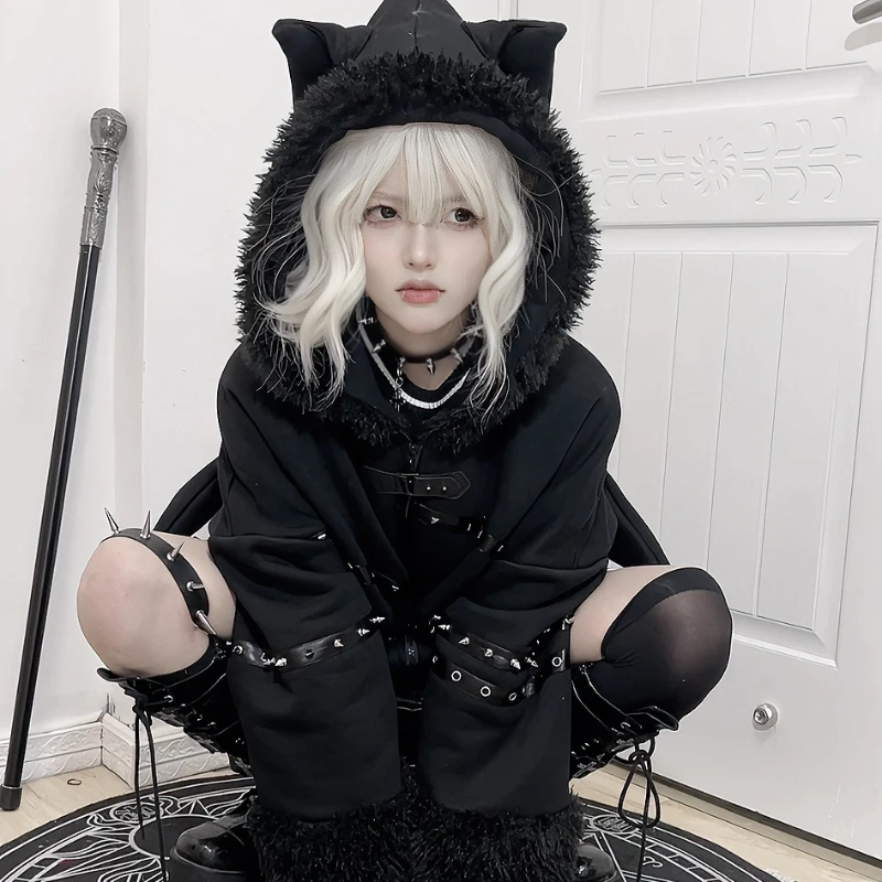 Japanese Lamb Hair Imitation Coat Autumn and Winter Women\'s Harajuku Punk Gothic Girls\' Black Loose Hoodie Sweatshirt