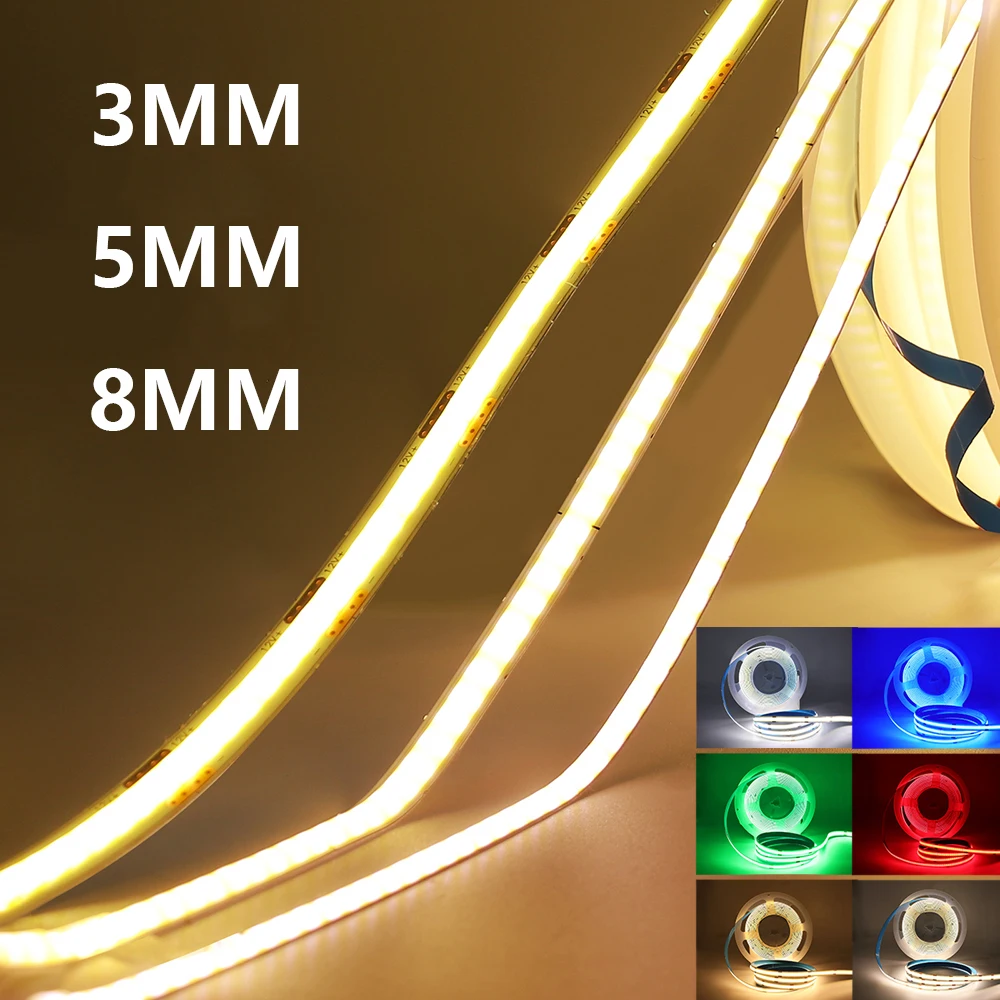 3mm 5mm 8mm PCB COB LED Strip Light 5V 12V 24V 320LEDs/m High Brightness Flexible Tape Warm Natural White Red Green Blue 0.5m 5m